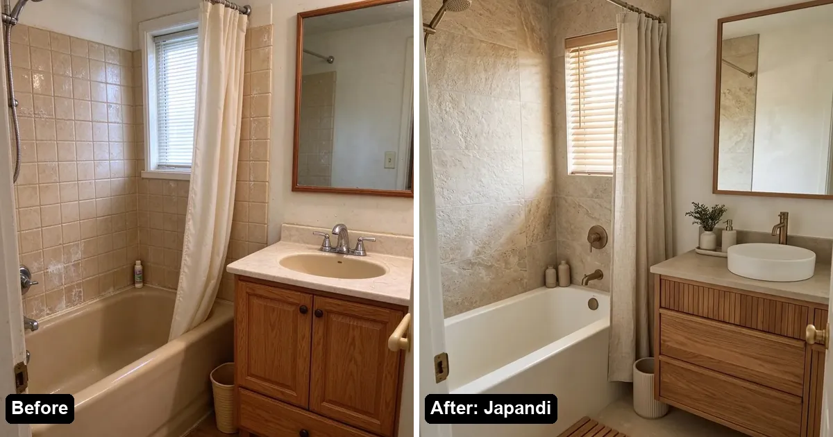 A bathroom photo before and after an AI redesign in Japandi style