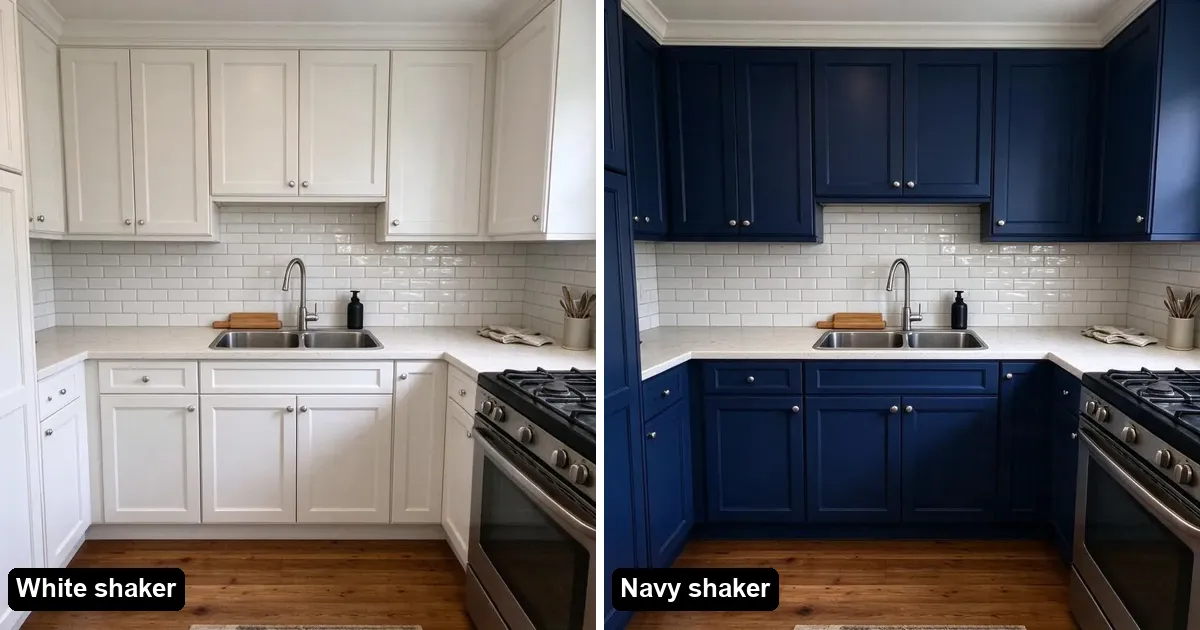The same kitchen with white shaker cabinets and with navy shaker cabinets