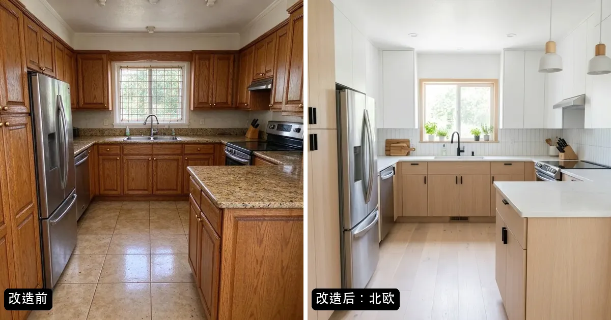 AI Kitchen Redesign 改造前后：布局不变，饰面改变
