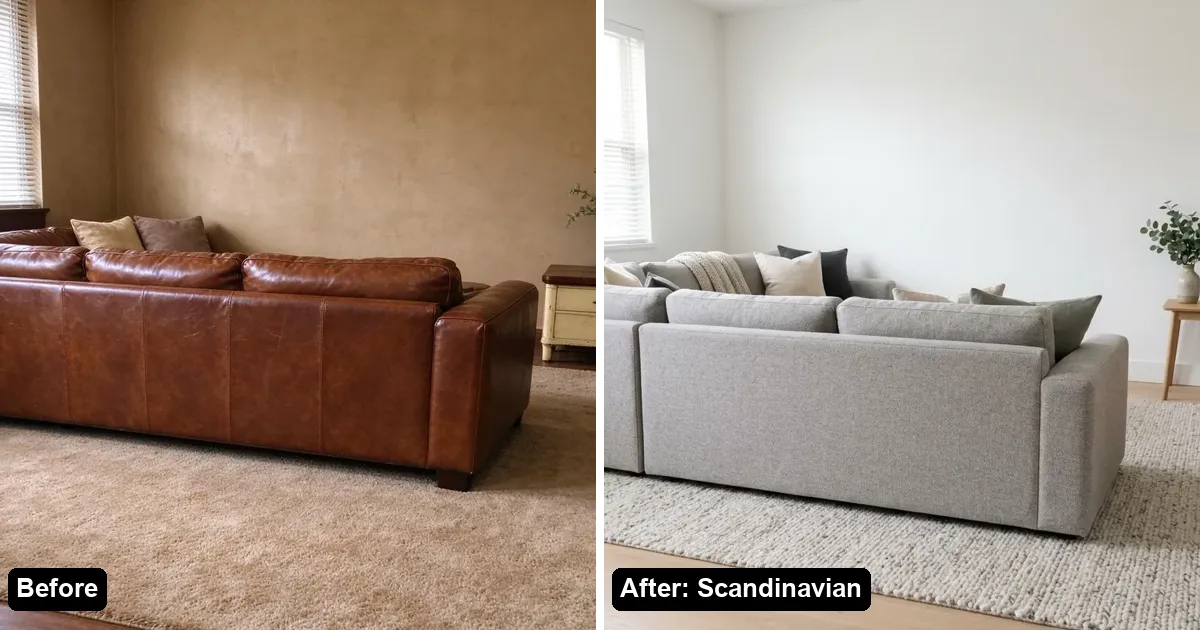 A living room photo before and after an AI redesign in Scandinavian style
