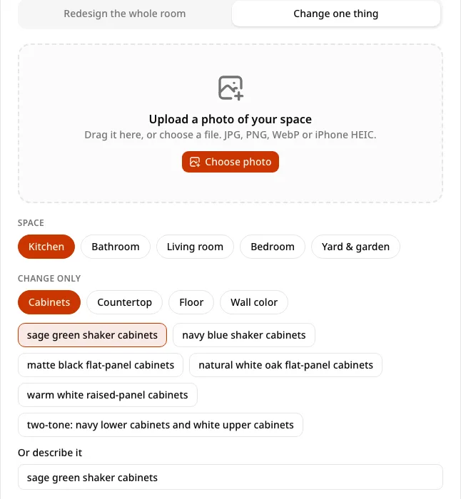 "Change one thing" with Cabinets selected on AI Kitchen Redesign