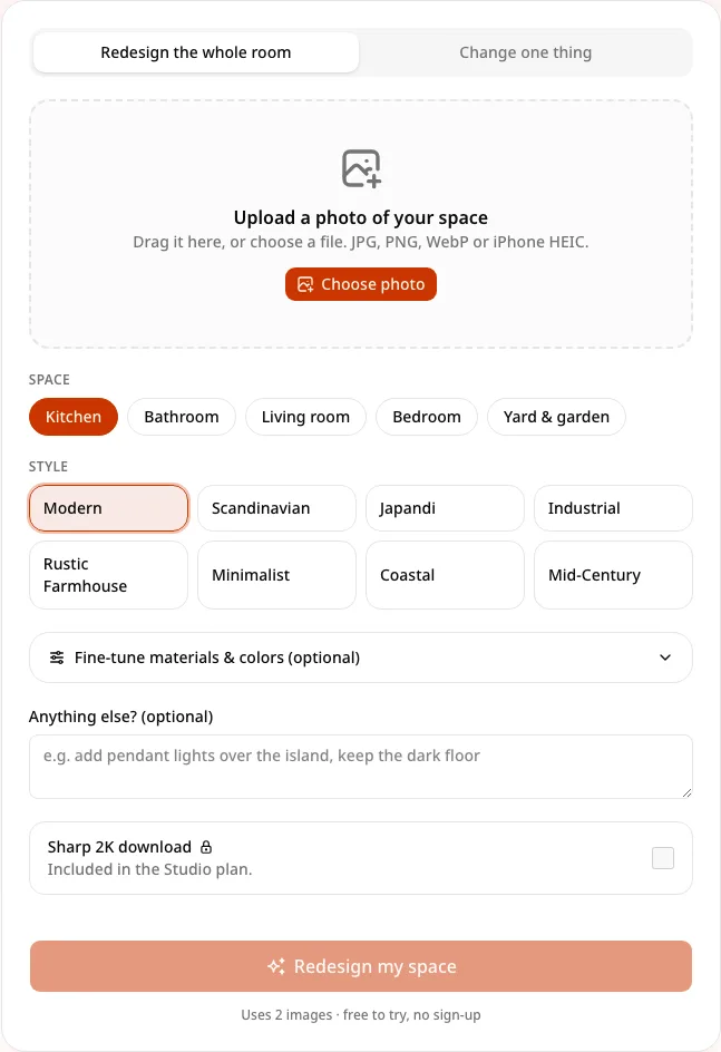 The upload area and style picker on AI Kitchen Redesign