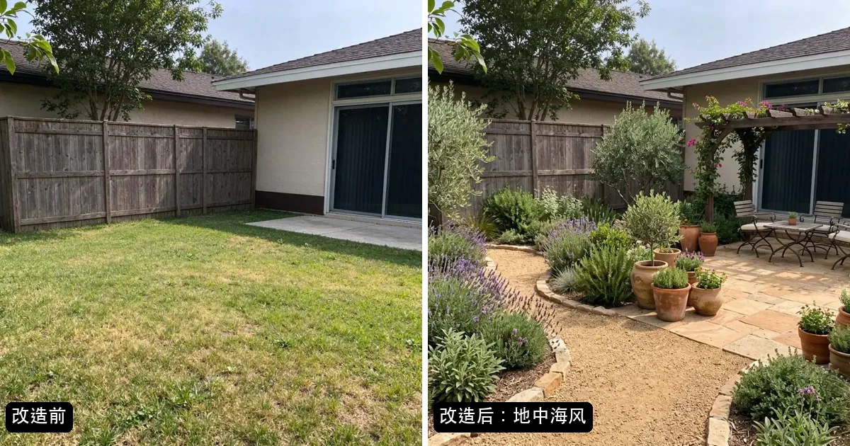 一个后院用 AI 改造成地中海风的前后对比