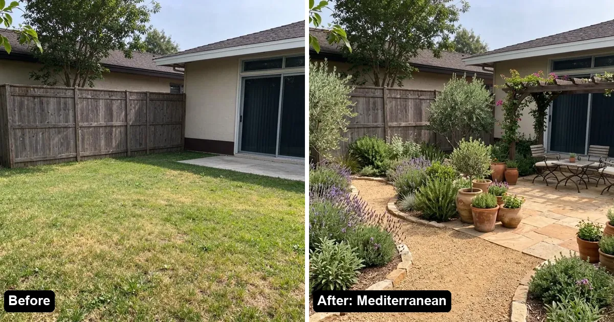 A backyard photo before and after an AI redesign in Mediterranean style